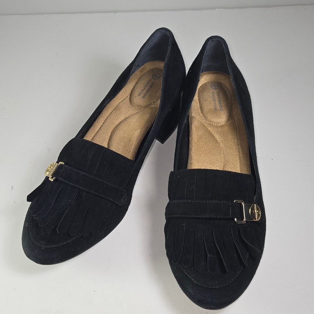 Gianni Bernini Black Suede Fringe Buckle Block Heel Loafer Shoes Women 9.5M